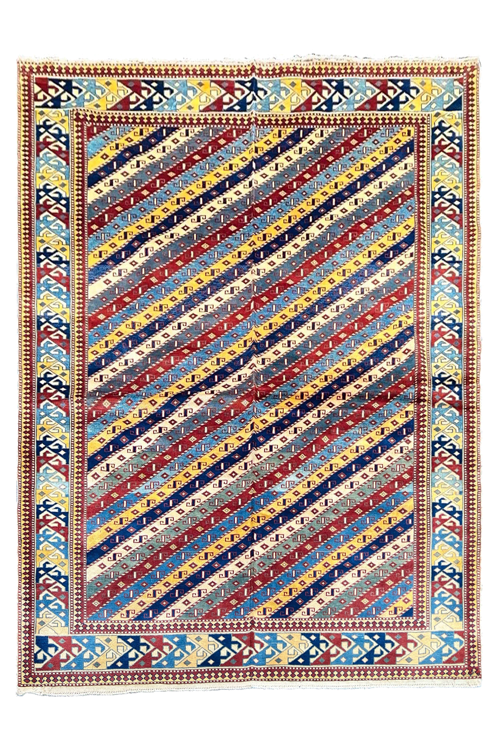 Authentic Shirvan Rug from Azerbaijan featuring a vibrant diagonal stripe tribal design in crimson and navy - #2680.