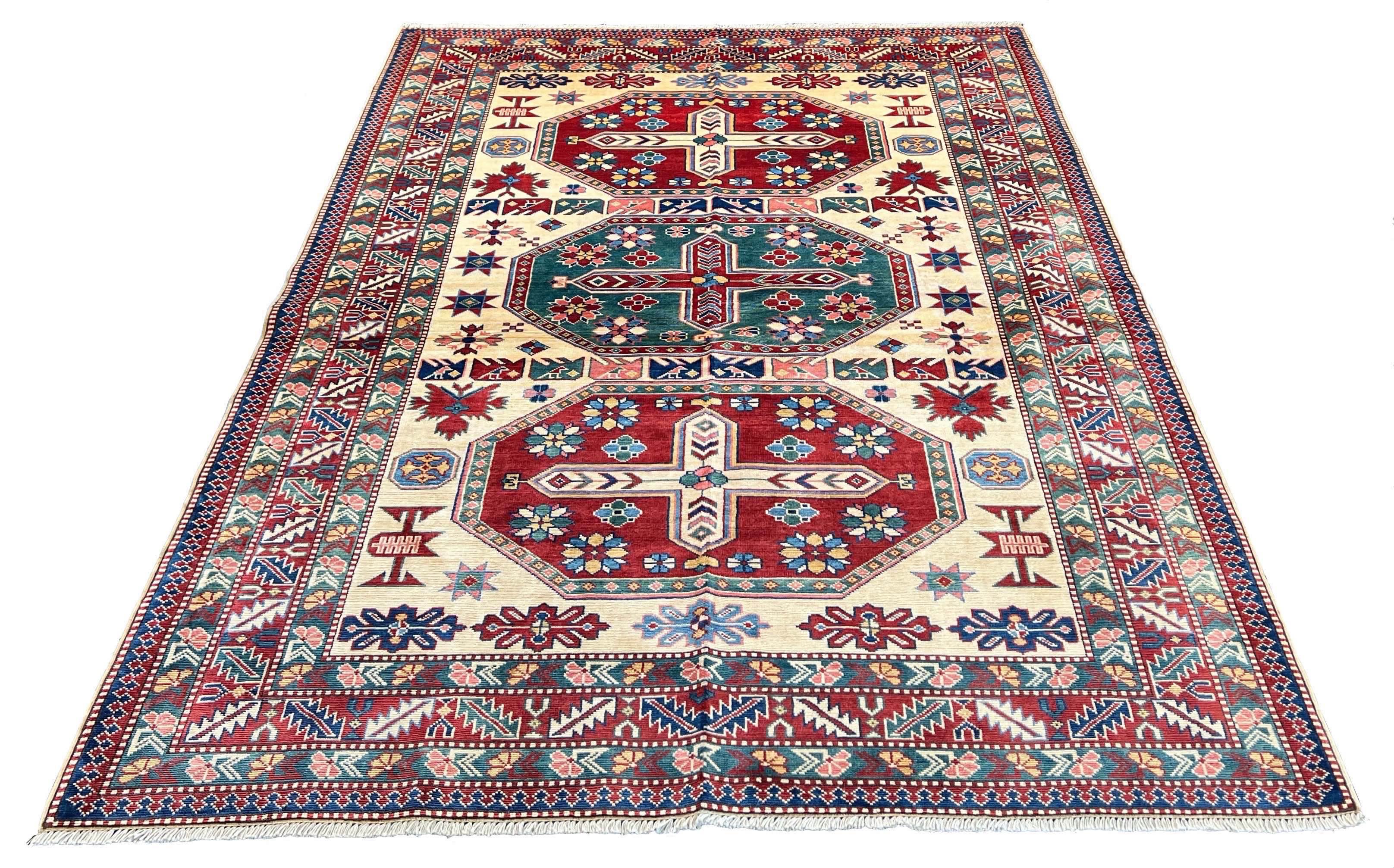Authentic Shirvan Rug from Azerbaijan featuring large crimson and teal medallions on a luminous cream field - #2688.