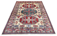 Authentic Shirvan Rug from Azerbaijan featuring large crimson and teal medallions on a luminous cream field - #2688.