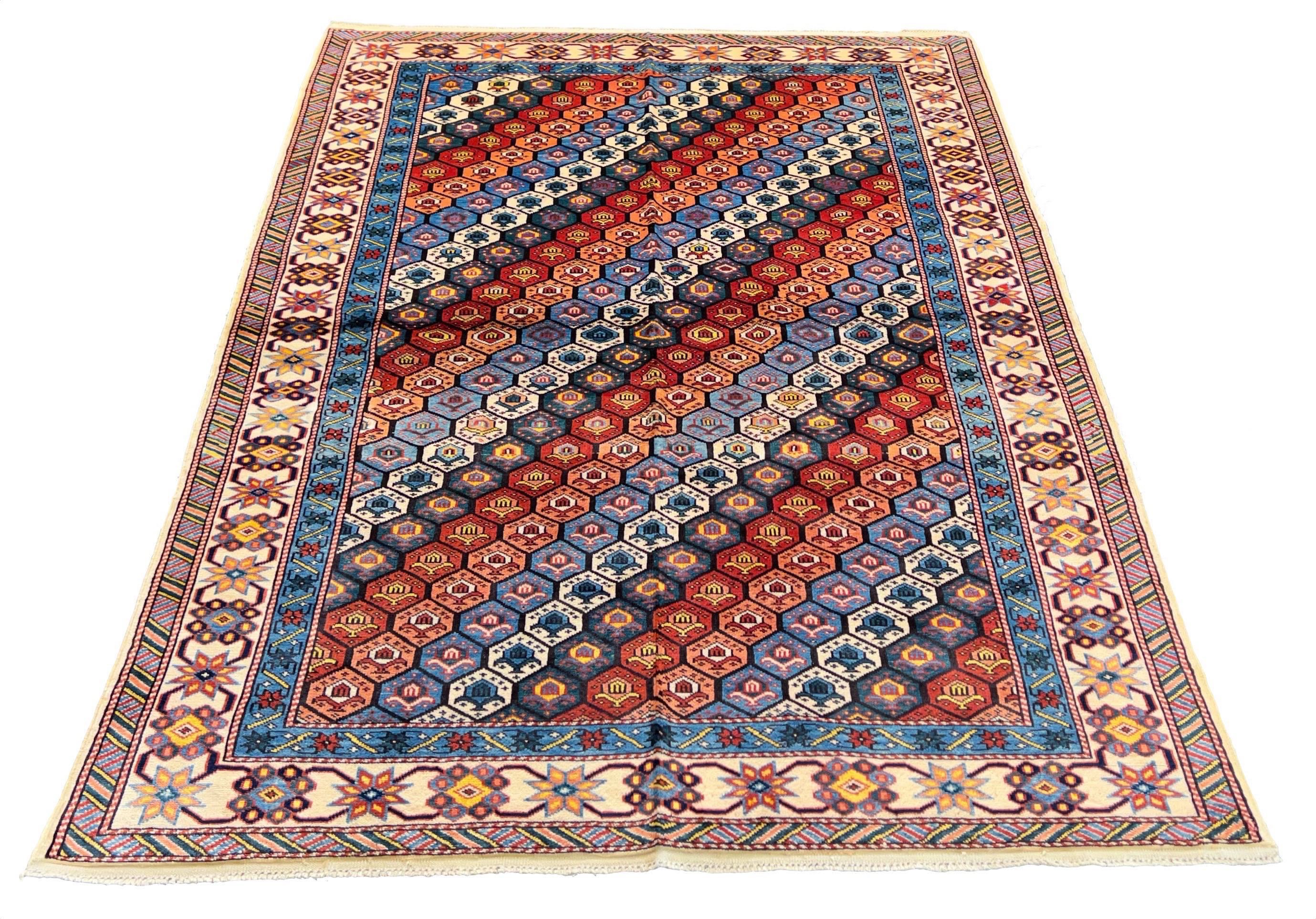 Authentic Shirvan Rug from Azerbaijan featuring a vibrant crimson and navy honeycomb lattice tribal design - #3250.