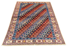 Authentic Shirvan Rug from Azerbaijan featuring a vibrant crimson and navy honeycomb lattice tribal design - #3250.