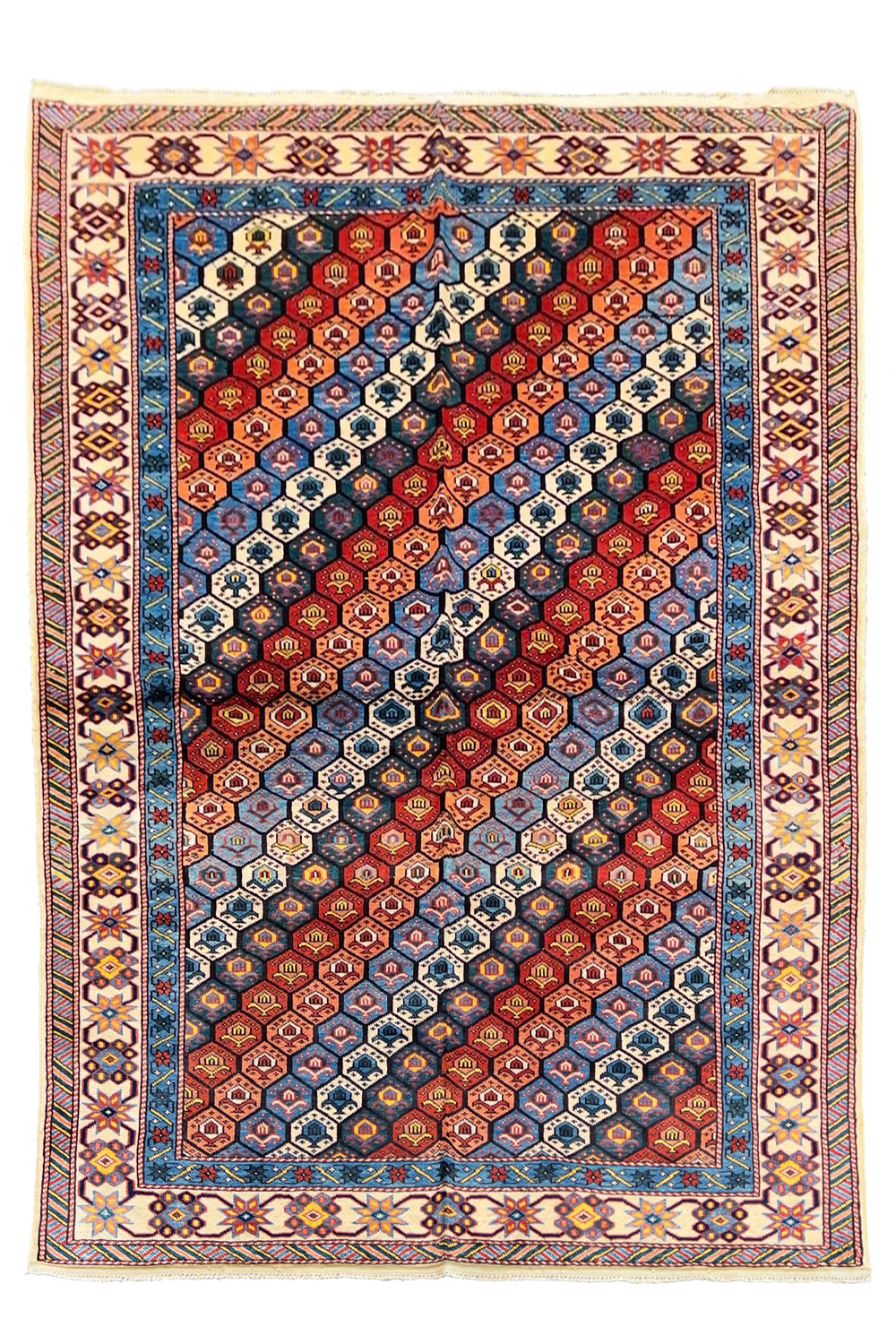 Authentic Shirvan Rug from Azerbaijan featuring a vibrant crimson and navy honeycomb lattice tribal design - #3250.