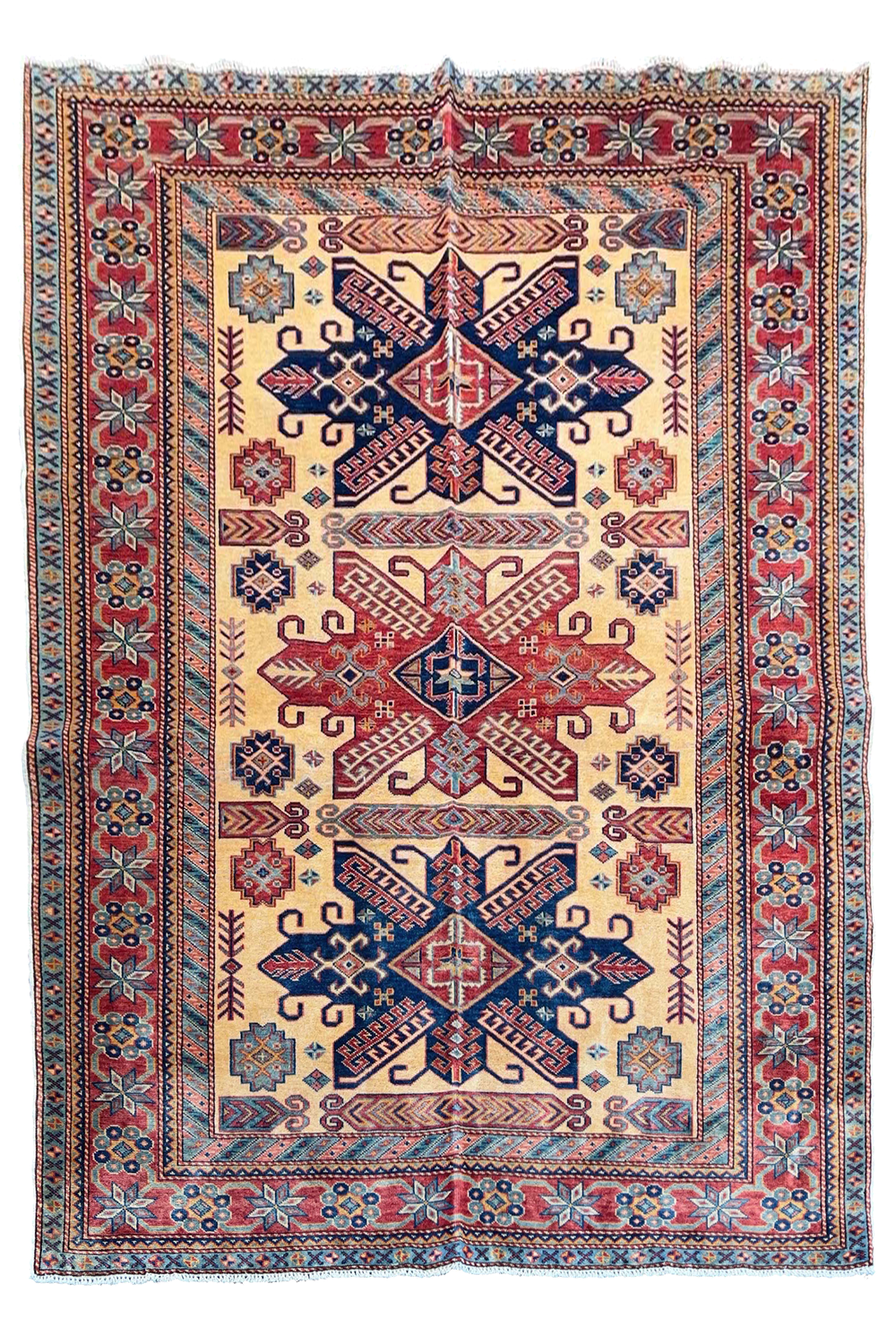 Authentic Shirvan Rug from Azerbaijan with navy and red medallions on a crisp ivory field - #3257.