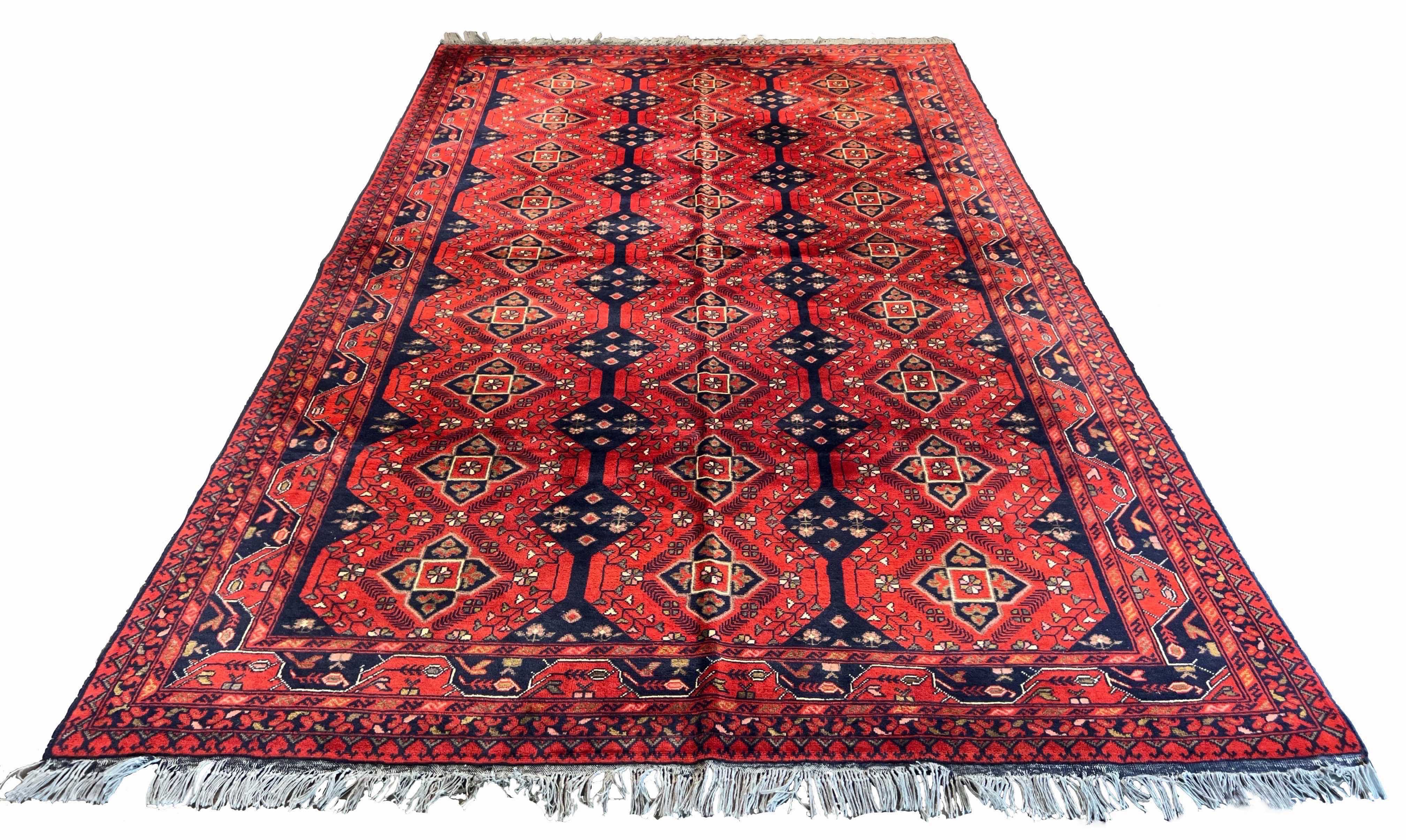Authentic Afghani Khan Mohamadi wool on cotton base rug featuring iconic red tribal patterns - #2299.