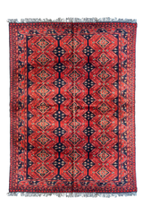 Authentic Afghani Khan Mohamadi wool on cotton base rug featuring iconic red tribal patterns - #2299.