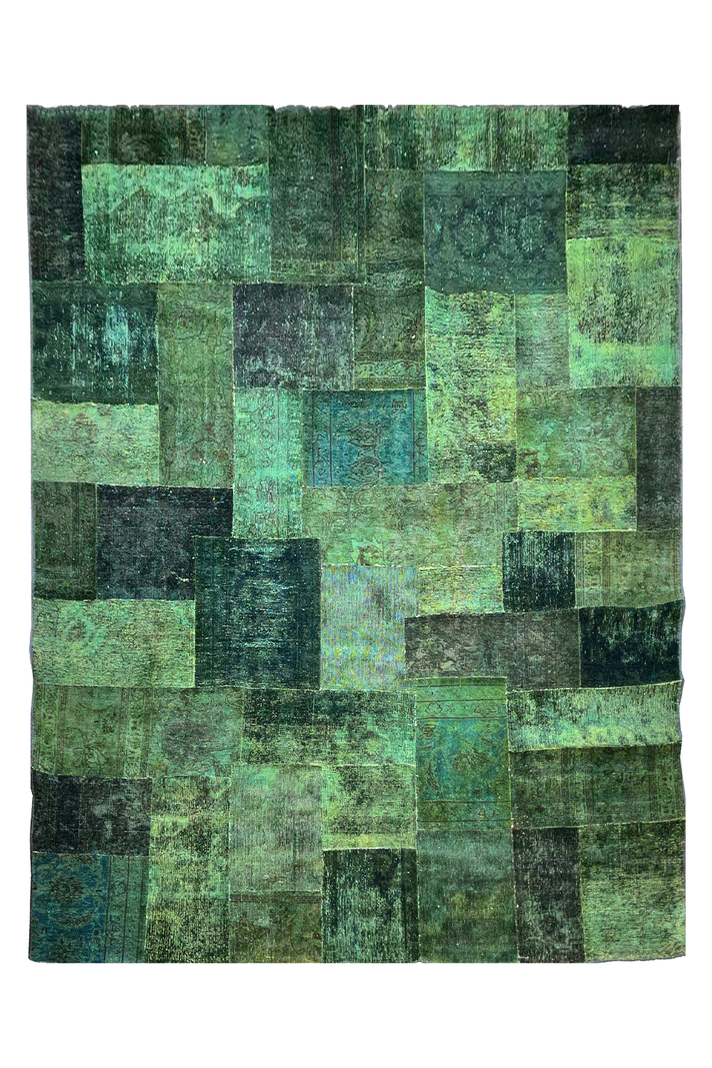 High-intent Vintage Afghani & Persian Patchwork Rug featuring a vibrant emerald and forest green tribal mosaic design - #5139.