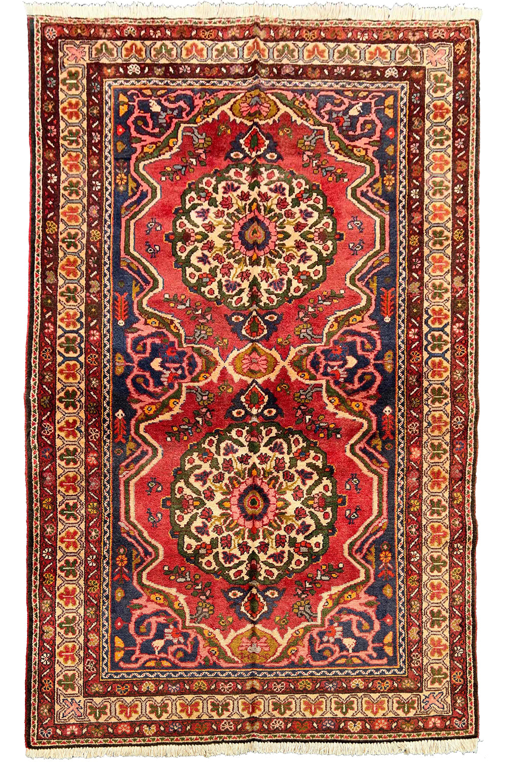 Vintage hand-knotted Bakhtiar rug in 100% wool on a cotton base featuring two large floral medallions on a red field - #7551.