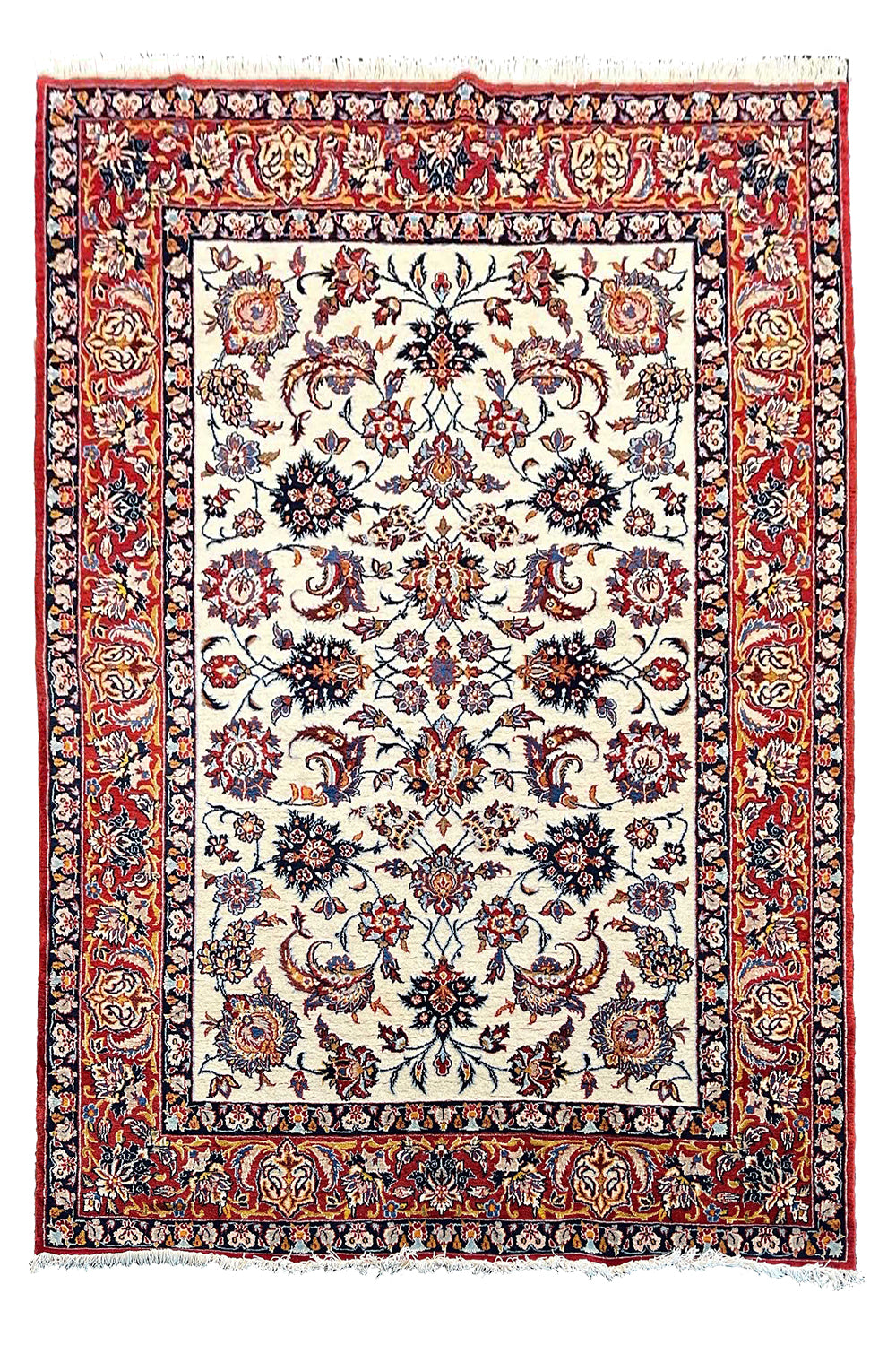 Top view of hand-knotted vintage Isfahan rug 7233 featuring an all-over floral ivory field with crimson accents.
