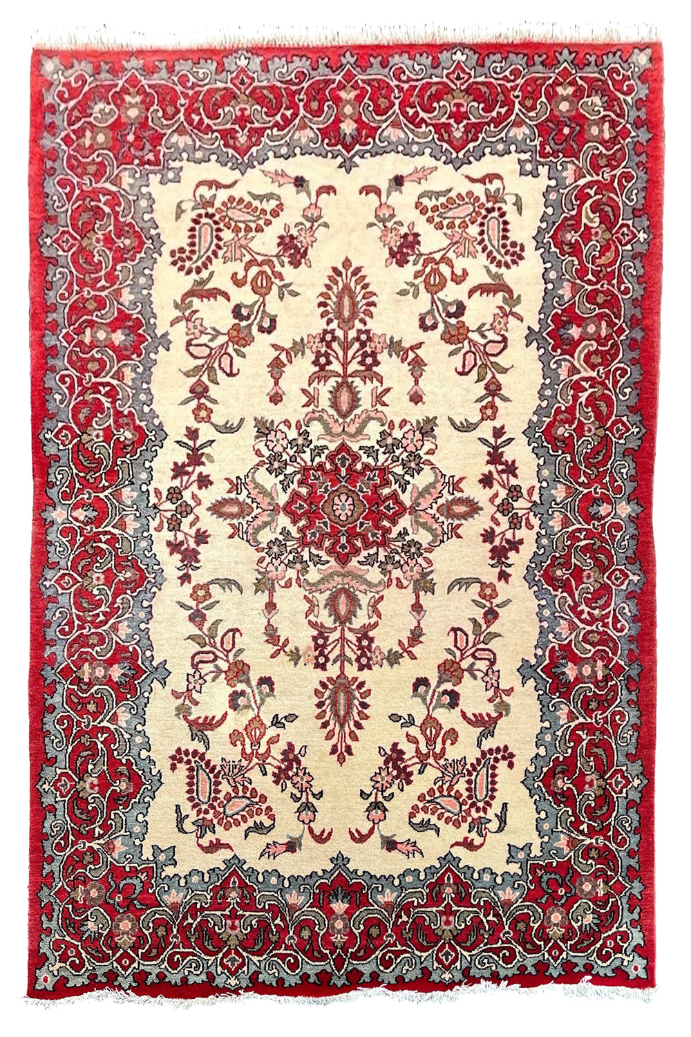 Vintage hand-knotted Kashan rug in 100% wool on a cotton base featuring a central medallion and ivory floral field - #7232.