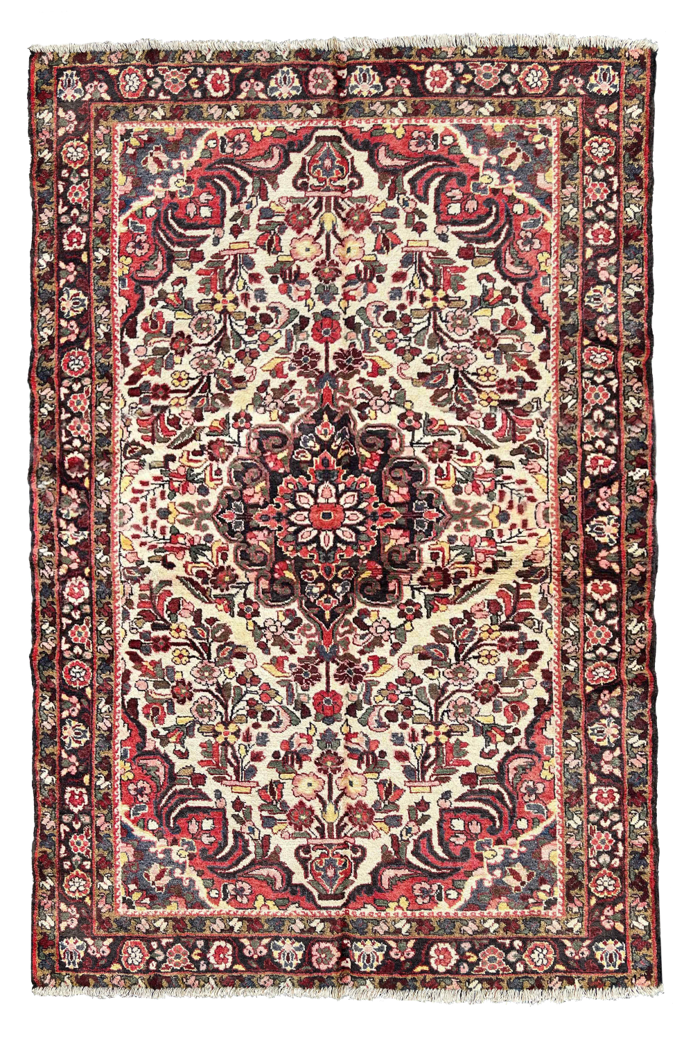 Flat lay top view of hand-knotted vintage Persian Afshar rug 7577 featuring a beige background with stylized floral boteh motifs in red, brown, and grey tones.