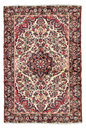 Flat lay top view of hand-knotted vintage Persian Afshar rug 7577 featuring a beige background with stylized floral boteh motifs in red, brown, and grey tones.
