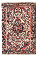 Flat lay top view of hand-knotted vintage Persian Afshar rug 7577 featuring a beige background with stylized floral boteh motifs in red, brown, and grey tones.