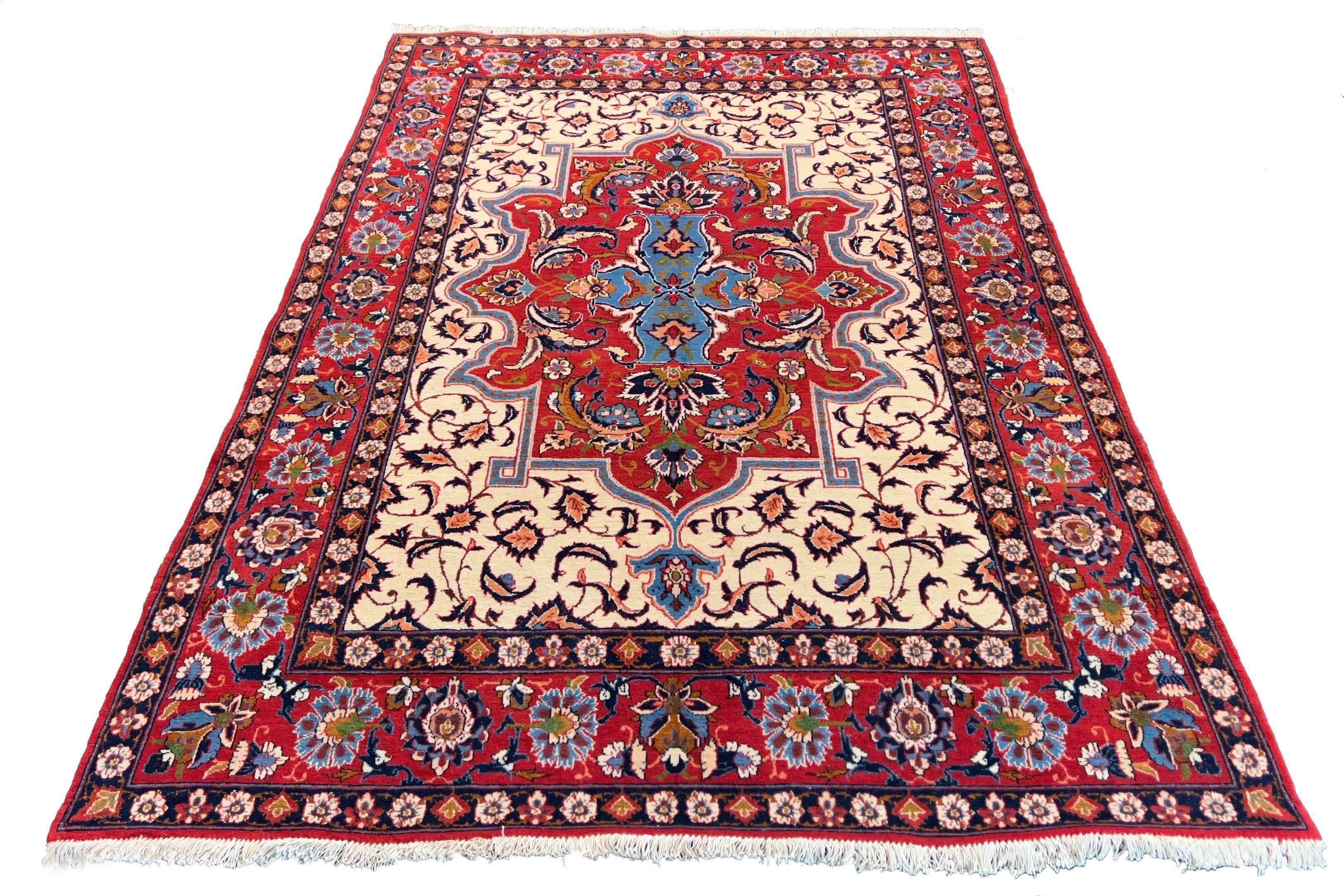 Authentic #7572 Vintage Persian Isfahan rug with central floral medallion and scrolling vine field, hand-knotted wool on cotton base by AL-SHAHZADI HK LIMITED.