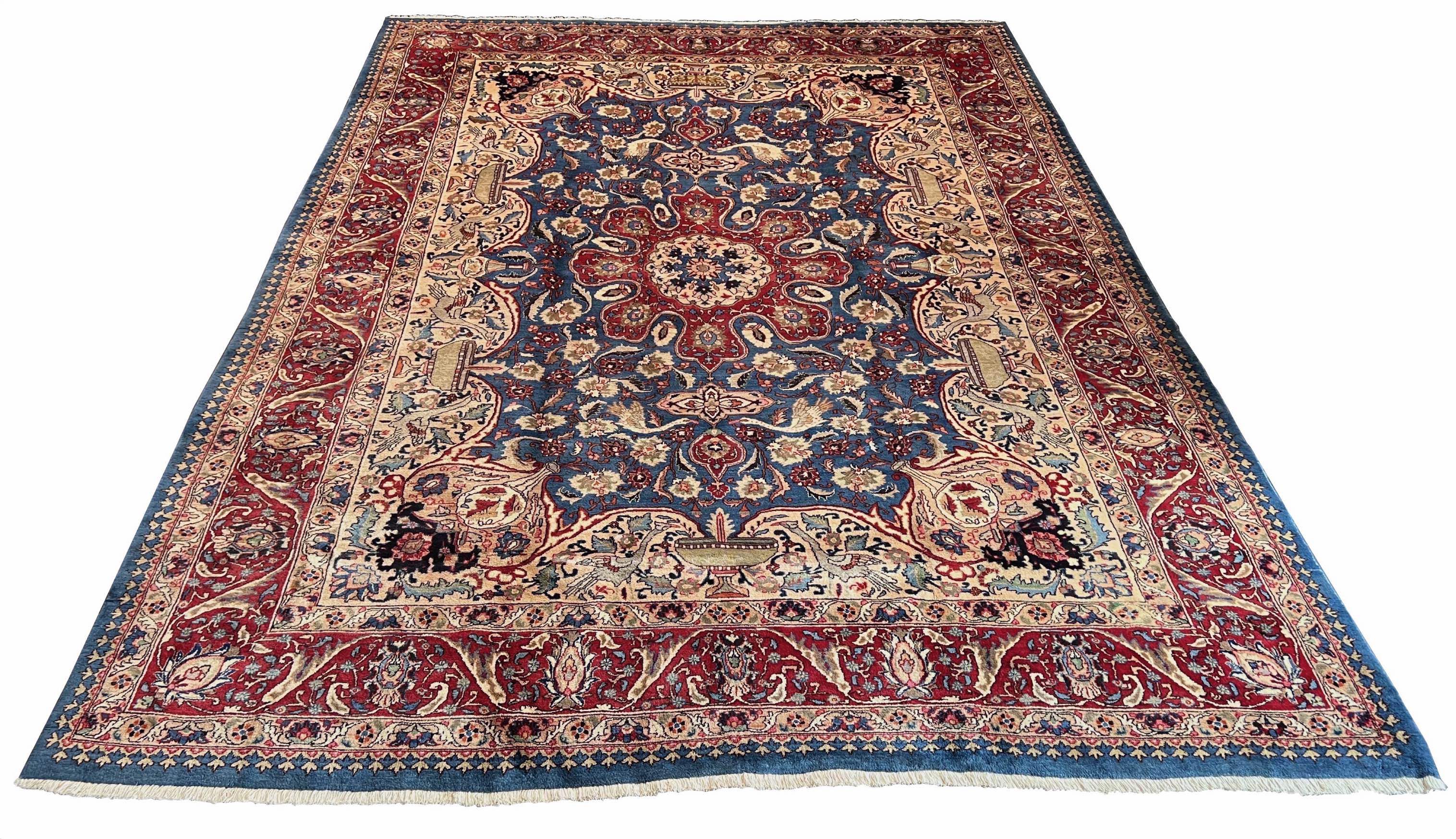 Authentic #8200 Vintage Persian Kashmar rug with Zirhaki archaeological design, hand-knotted wool on cotton base by AL-SHAHZADI HK LIMITED.