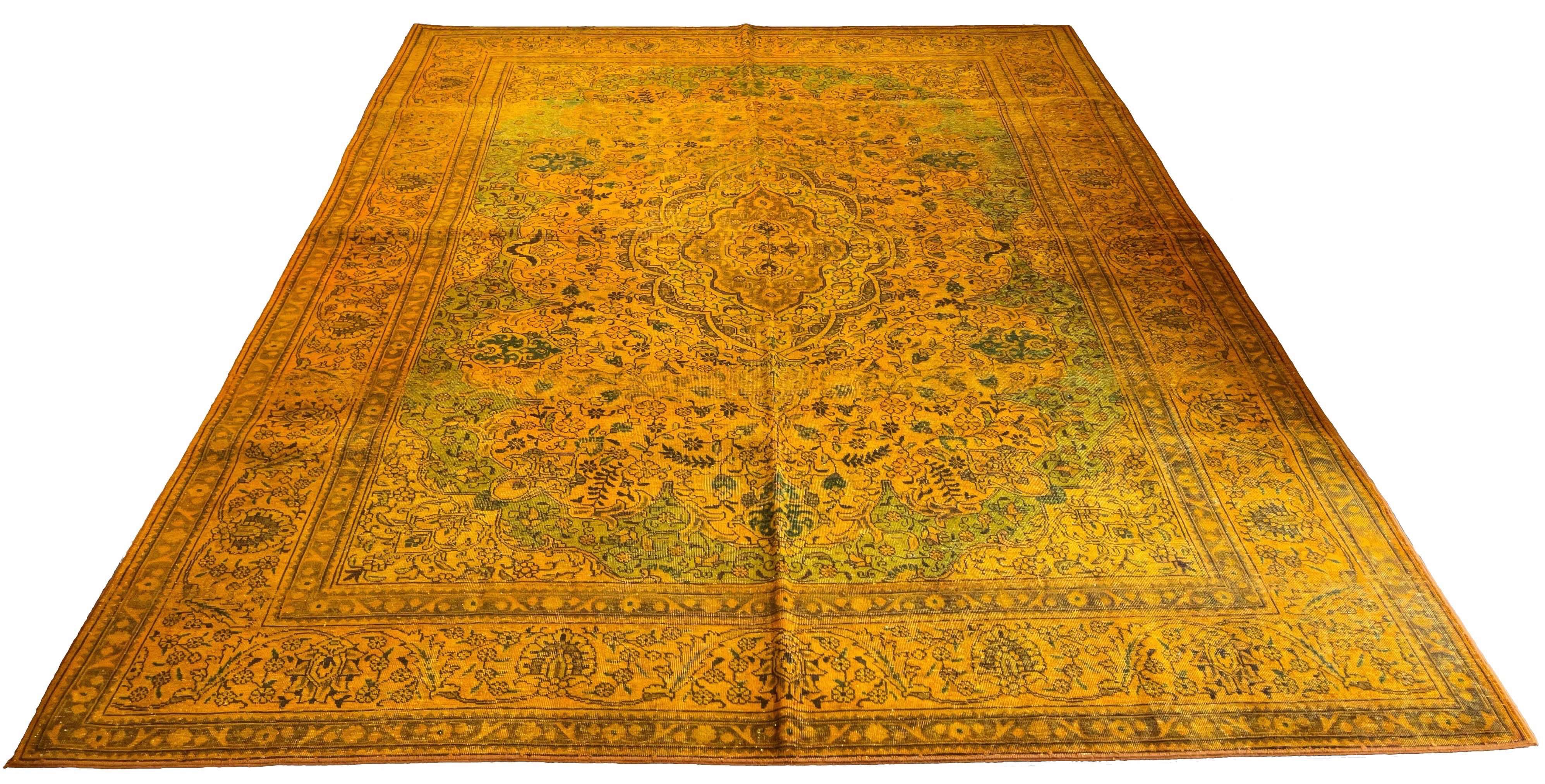 Large turmeric yellow vintage overdyed Persian rug, hand-knotted wool pile with distressed modern character by AL-SHAHZADI HK LIMITED (12'0" x 9'0").