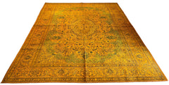 Large turmeric yellow vintage overdyed Persian rug, hand-knotted wool pile with distressed modern character by AL-SHAHZADI HK LIMITED (12'0" x 9'0").