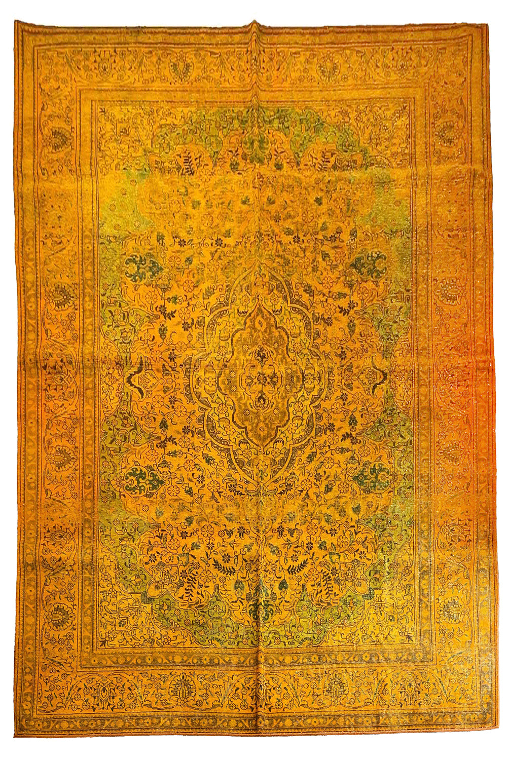 Large turmeric yellow vintage overdyed Persian rug, hand-knotted wool pile with distressed modern character by AL-SHAHZADI HK LIMITED (12'0" x 9'0").