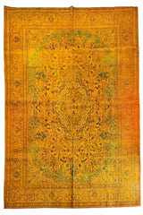 Large turmeric yellow vintage overdyed Persian rug, hand-knotted wool pile with distressed modern character by AL-SHAHZADI HK LIMITED (12'0" x 9'0").
