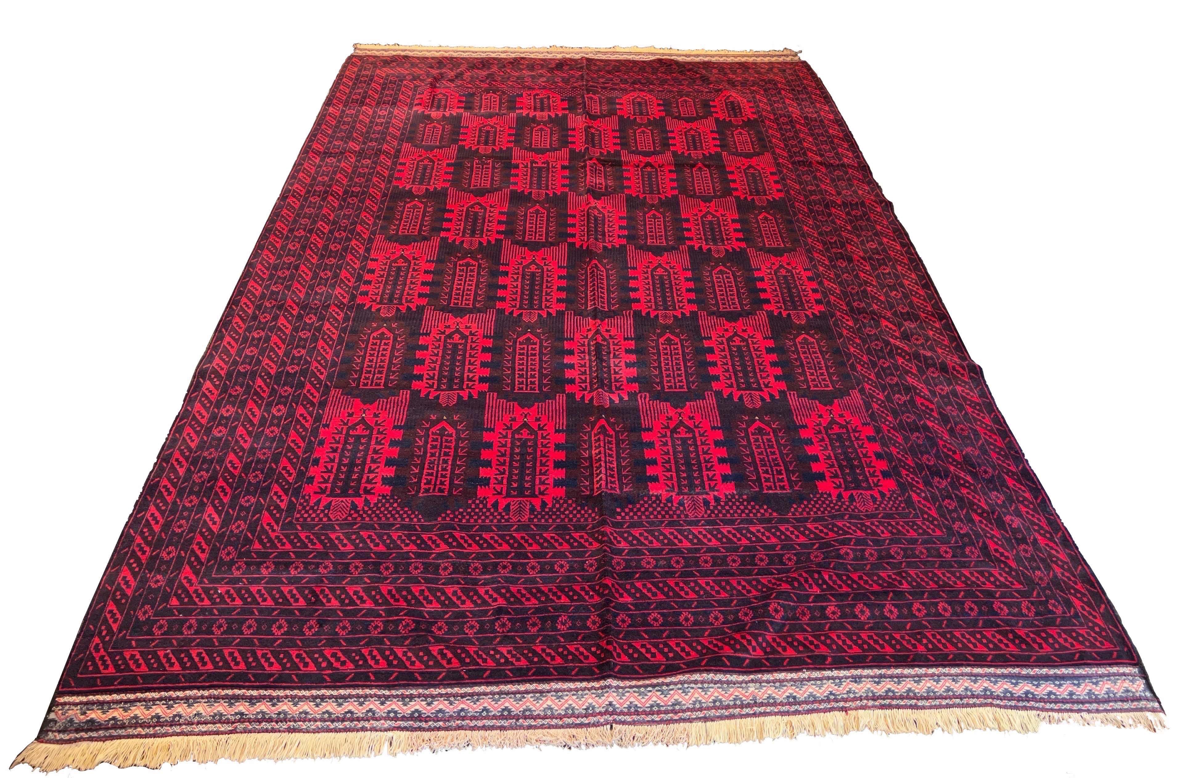 Tribal vintage Persian Yakubkhani rug with cinnabar red field and burnt umber geometric motifs in hand-knotted wool #233.
