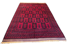 Tribal vintage Persian Yakubkhani rug with cinnabar red field and burnt umber geometric motifs in hand-knotted wool #233.
