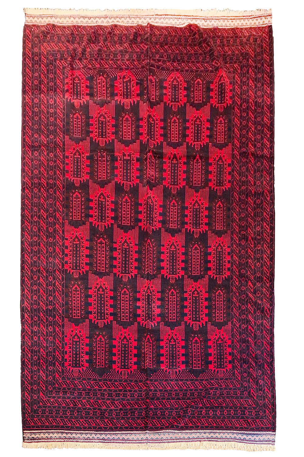 Tribal vintage Persian Yakubkhani rug with cinnabar red field and burnt umber geometric motifs in hand-knotted wool #233.