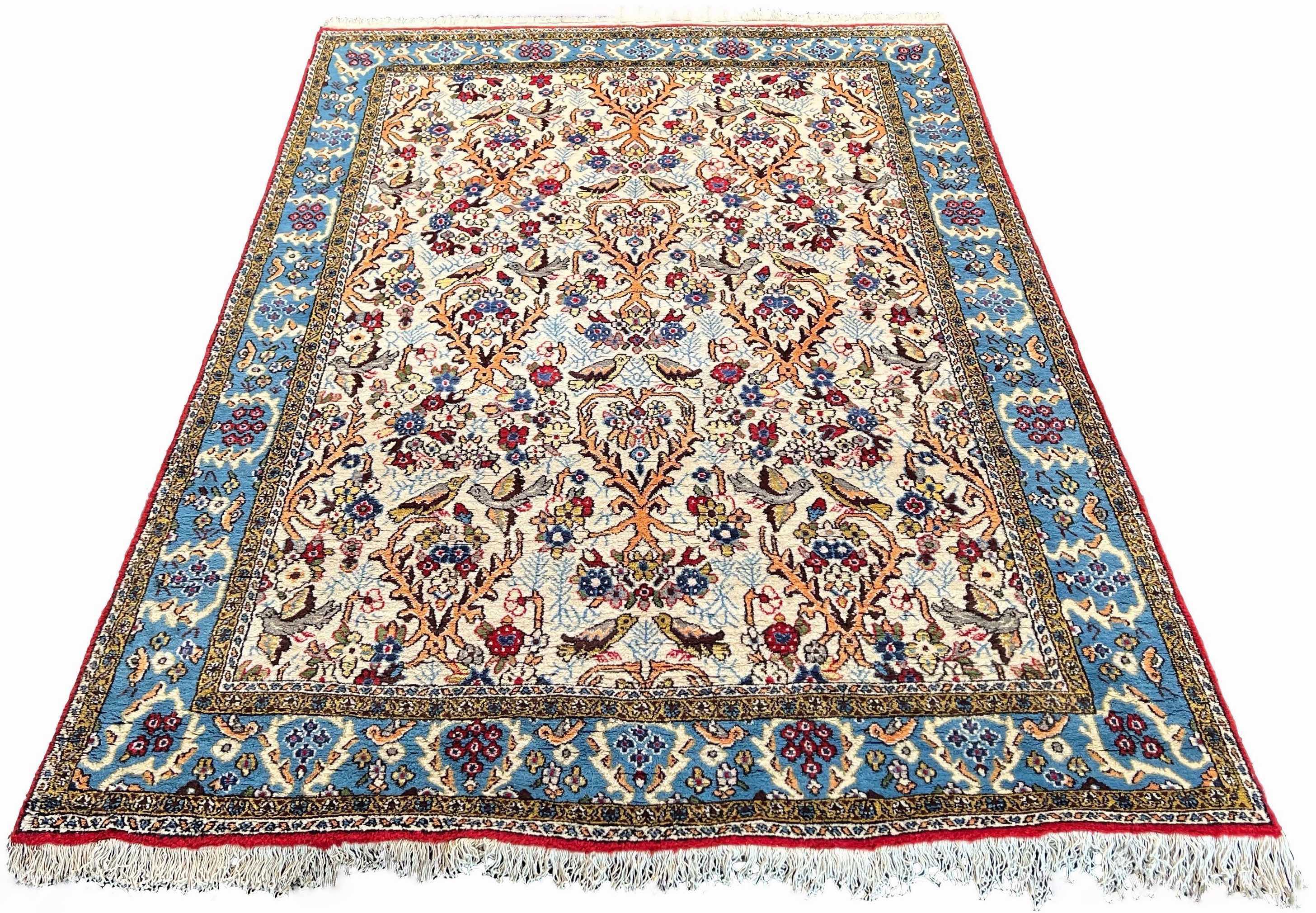 Authentic #7539 vintage Tree of Life Persian Qom wool on cotton base rug with pictorial nature motifs by AL-SHAHZADI HK LIMITED.