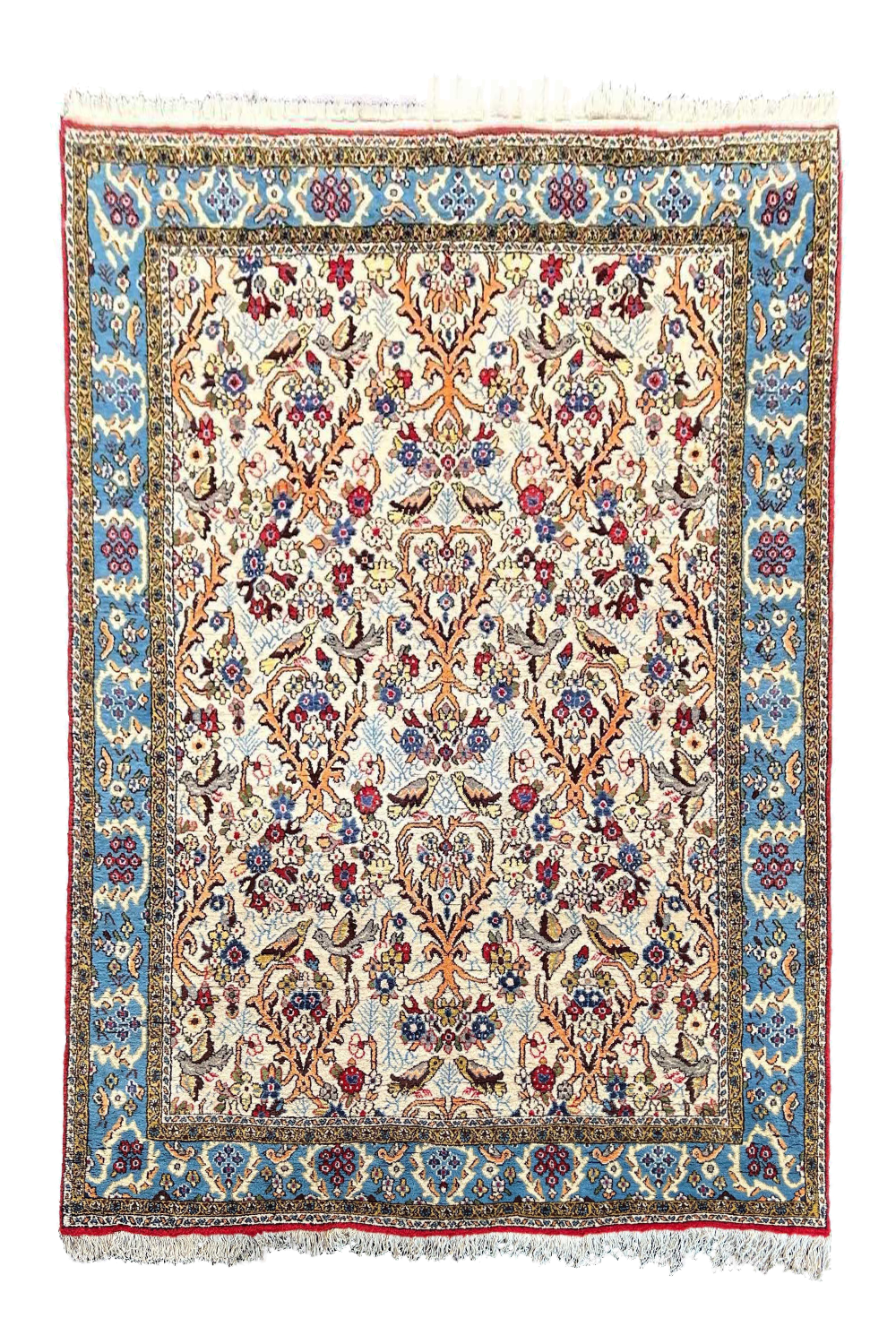 Authentic #7539 vintage Tree of Life Persian Qom wool on cotton base rug with pictorial nature motifs by AL-SHAHZADI HK LIMITED.