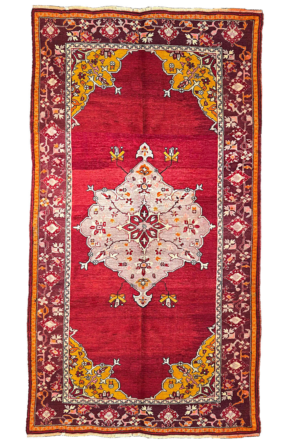 Exquisite vintage Turkish Herekke rug with antique ivory field and soft sage floral patterns in wool #2032.